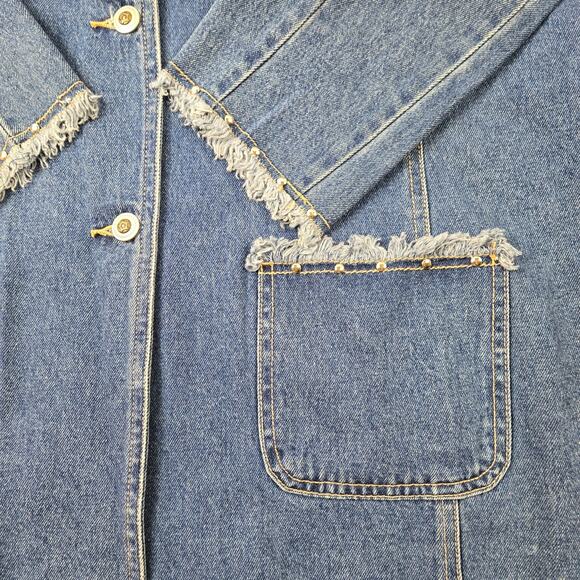 Vintage Cervelle Long Fitted Denim Jacket Jean Blazer Frayed Stud Trim sz Large - Picture 13 of 15